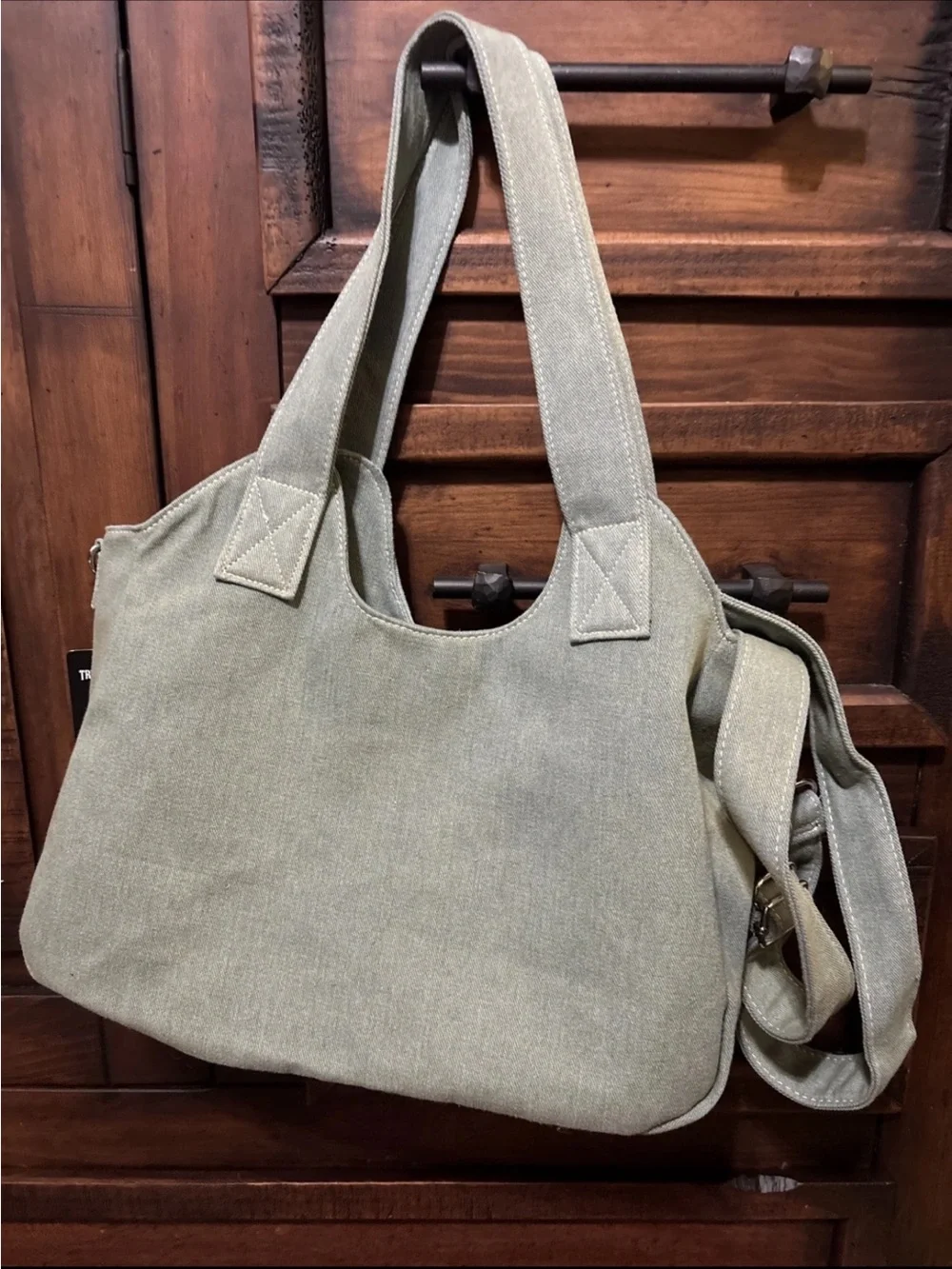 True Religion Horseshoe Stitch Sage Green Denim Satchel/Hobo Bag is NWOT